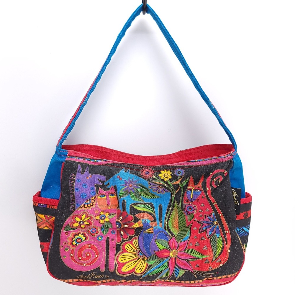 Laurel Burch Canvas Shoulder Bag Colorful Cat Bird Beaded Art Geometric Multi